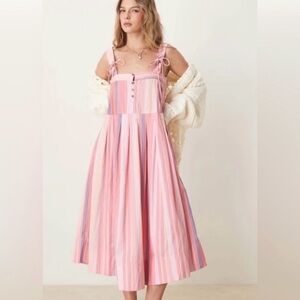 🌺 Free People Primavera Stripe Midi Dress Pink Strawberry Combo